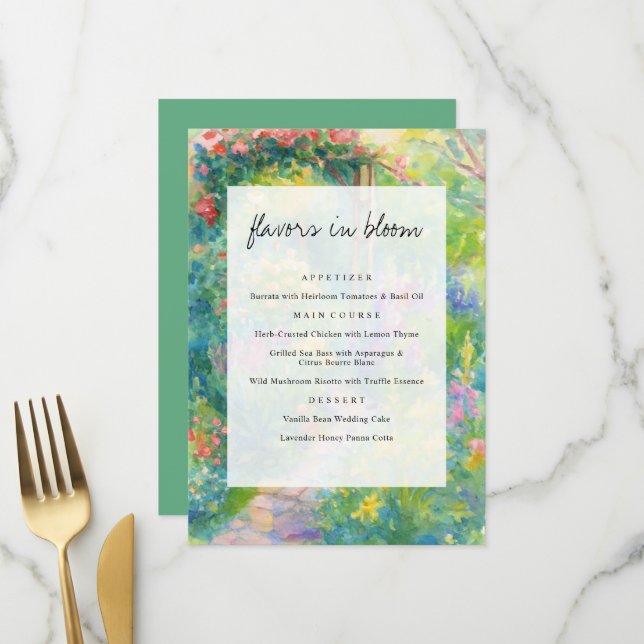 Whimsical Watercolor Garden Themed Wedding Menükarte (Vorderseite/Rückseite Beispiel)