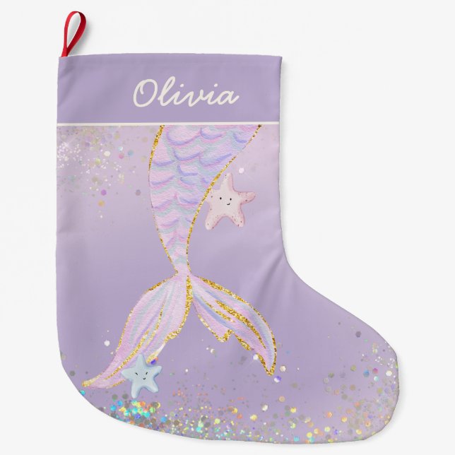 Whimsical Watercolor Glitzer Mermaid Schwanz Großer Weihnachtsstrumpf (Vorderseite)