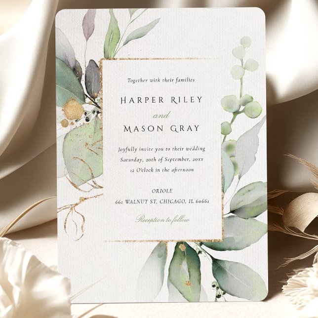Whimsical Watercolor Green and Gold Wedding Einladung (Von Creator hochgeladen)