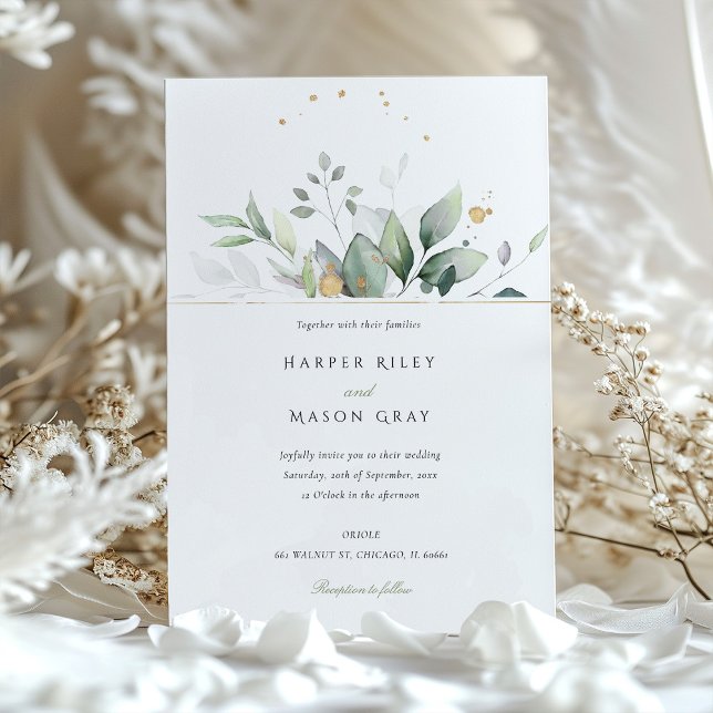 Whimsical Watercolor Green & Gold Foliage Hochzeit Einladung (Von Creator hochgeladen)