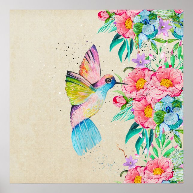 Whimsical watercolor hummingbird and flowers poster (Vorne)