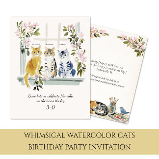 Whimsical Watercolor Katzen Geburtstagsfeier | Einladung