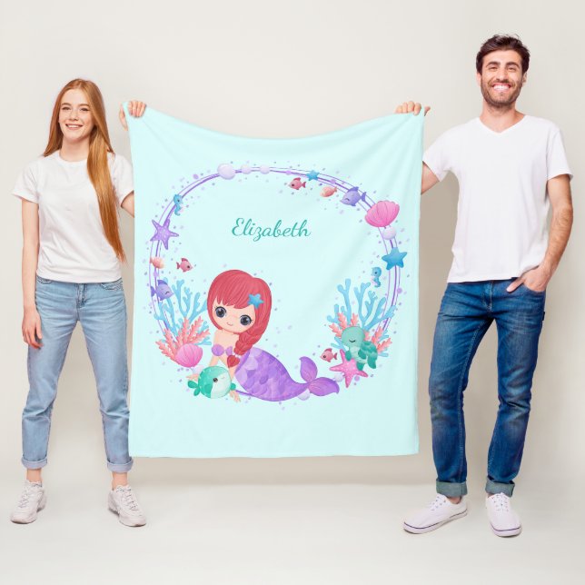 Whimsical Watercolor Meerjungfrau Personalisiert Fleecedecke (Beispiel)