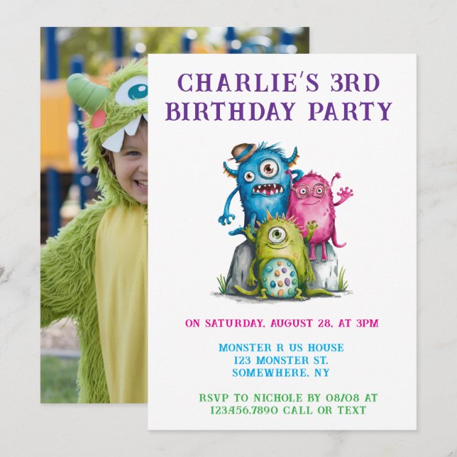 Whimsical Watercolor Monsters Kinderparty Einladung (Vorne/Hinten)