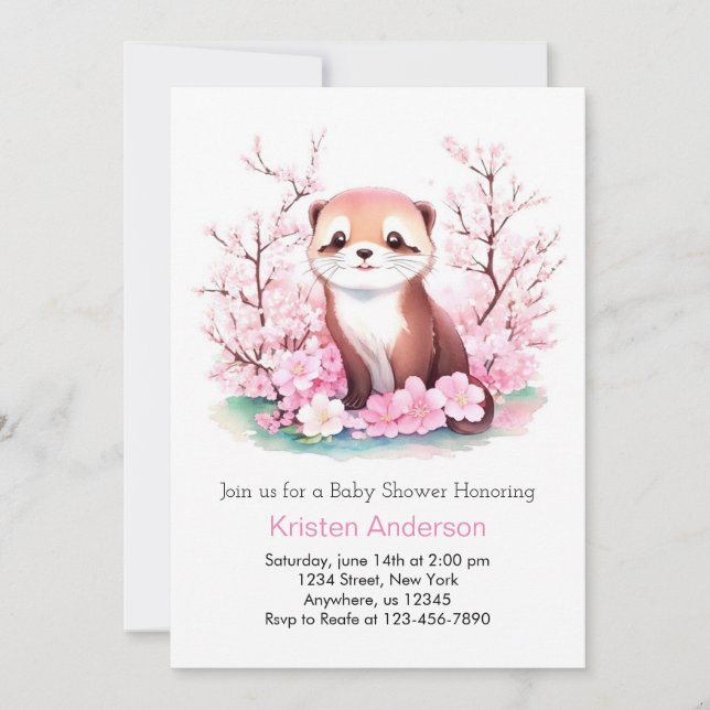Whimsical Watercolor Otter Girl Babydusche Einladung (Vorderseite)
