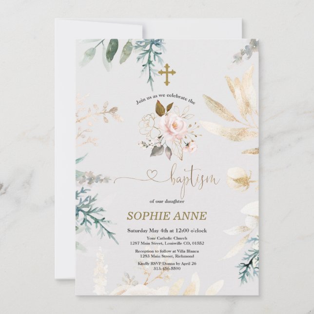 Whimsical Watercolor Pink Floral Gold Taufe Einladung (Vorderseite)