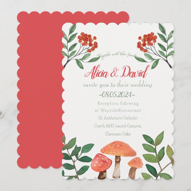Whimsical Watercolor Red Mushroom Wedding Einladung (Vorne/Hinten)