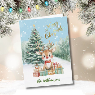 Whimsical Watercolor Rentier Weihnachtsbaum Karte