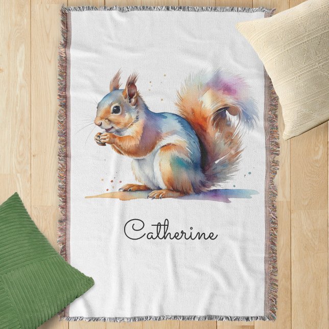 Whimsical Watercolor Squirrel Personalized Decke (A throw blanket with squirrel design in a watercolor style, personalized with a name)