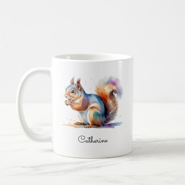 Whimsical Watercolor Squirrel Personalized Name Kaffeetasse (Links)