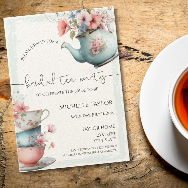 Whimsical Watercolor Tea Bridal Dusche Einladung (vintage watercolor teapot and teacups with flowers bridal shower invitation)