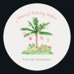 Whimsical Watercolor Tropical Christmas Lights Runder Aufkleber<br><div class="desc">Whimsical Watercolor Tropical Christmas Lights sticker in cute, happy shades of coral, peach, and green. The colorfully decorated palm tree has lights and lots of presents underneath. It surely will bring a smile to your face, and to anyone who receives this on their gift. You’ll find other matching and coordinating...</div>