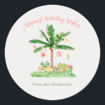Whimsical Watercolor Tropical Christmas Lights Runder Aufkleber<br><div class="desc">Whimsical Watercolor Tropical Christmas Lights sticker in cute, happy shades of coral, peach, and green. The colorfully decorated palm tree has lights and lots of presents underneath. It surely will bring a smile to your face, and to anyone who receives this on their gift. You’ll find other matching and coordinating...</div>