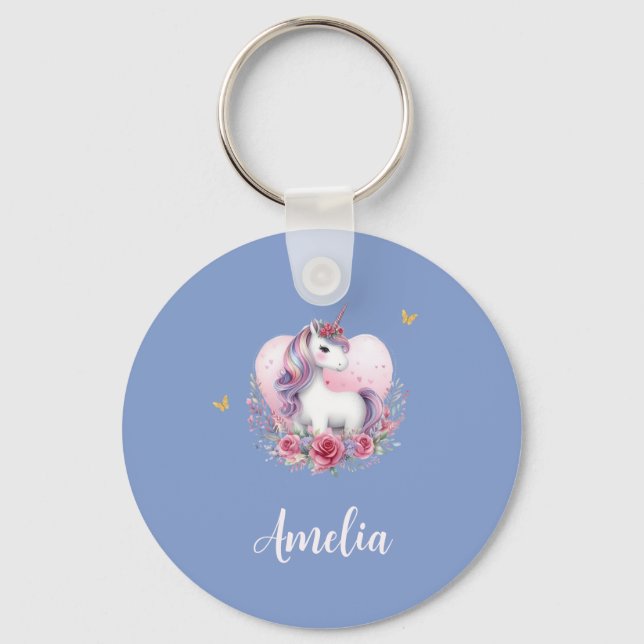 Whimsical Watercolor Unicorn Gold Schmetterlinge Schlüsselanhänger (Vorderseite)