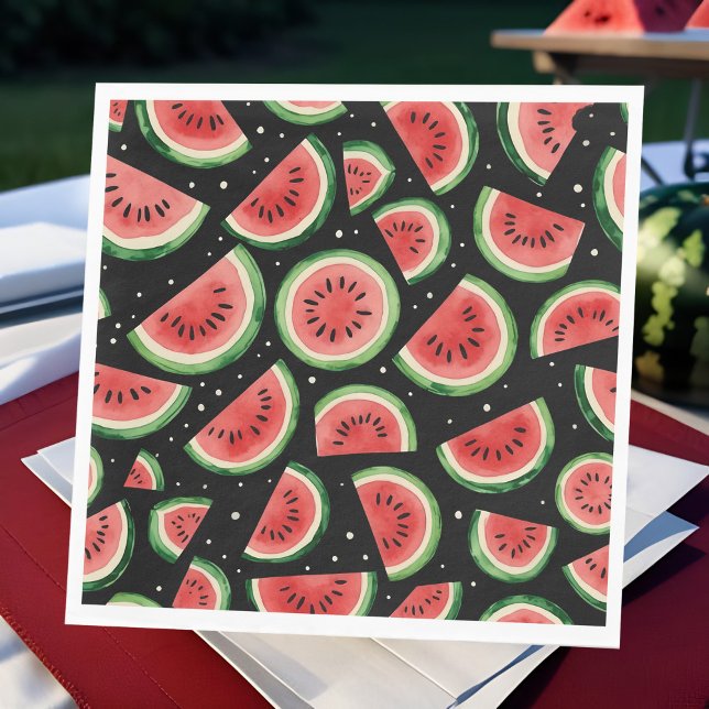 Whimsical Watermelon Watercolor auf Starry Black Serviette (Whimsical watercolor watermelon on black, midsummer's eve, outdoor night BBQ birthday or summerween)