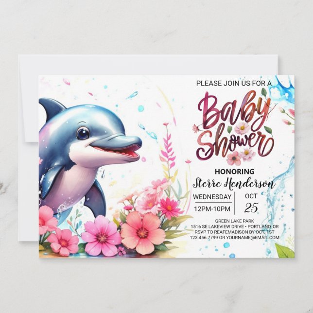 Whimsical Waves Dolphin Girl Baby Dusche Einladung (Vorderseite)