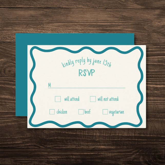 Whimsical Wavy Border Handgeschriebene Blue RSVP C Karte (Von Creator hochgeladen)