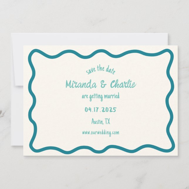 Whimsical Wavy Border Handgeschriebene Retro Blue Save The Date (Vorderseite)