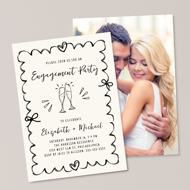 Whimsical Wavy Frame Cream Photo Engagement Party Einladung (Von Creator hochgeladen)