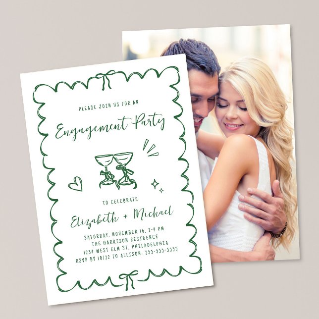 Whimsical Wavy Frame Photo Green Engagement Party Einladung (Von Creator hochgeladen)