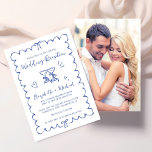 Whimsical Wavy Frame Photo Wedding Reception Save The Date<br><div class="desc">Romantic wedding reception save the date featuring a french blue wavy frame adorned with coquette bows,  whimsical hand drawn illustrations of a heart,  stars and wine glasses,  and "Wedding Reception" and the names of the bride and groom in a playful blue script. Add your photo on the back.</div>