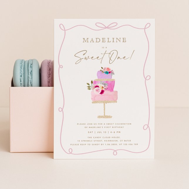 Whimsical Wavy Frame Pink Cake First Birthday  Einladung (Von Creator hochgeladen)