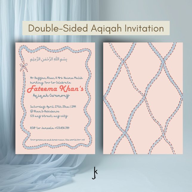 Whimsical wavy of Blush Pink and Soft Blue Aqiqah Einladung (Von Creator hochgeladen)