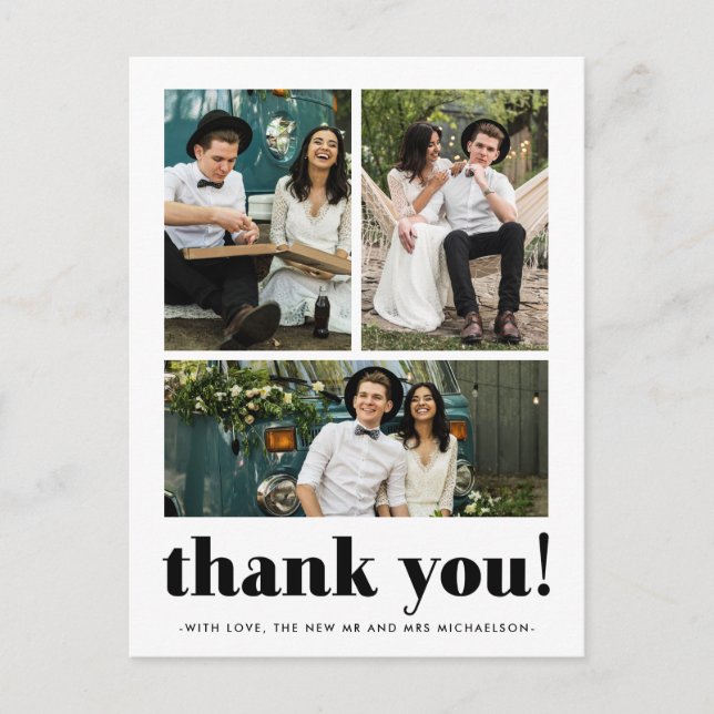 Whimsical Wedding Danke Typografie Drei Foto Postkarte (Vorderseite)
