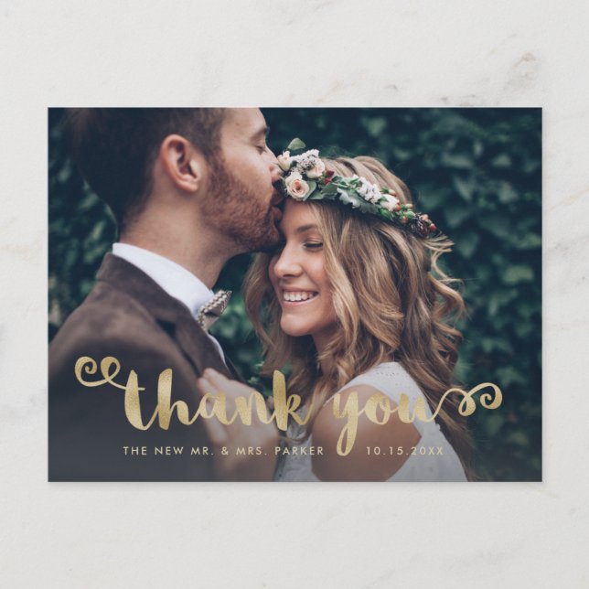 Whimsical Wedding Foto Imitats Gold Script Vielen  Postkarte (Vorderseite)