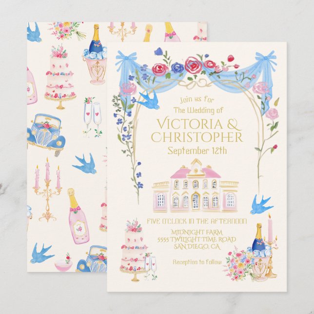 Whimsical Wedding French Chateau Mansion Einladung (Vorne/Hinten)