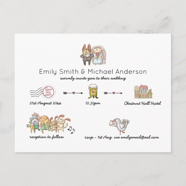 Whimsical Wedding Timeline Doodle Art Einladungen (Vorderseite)