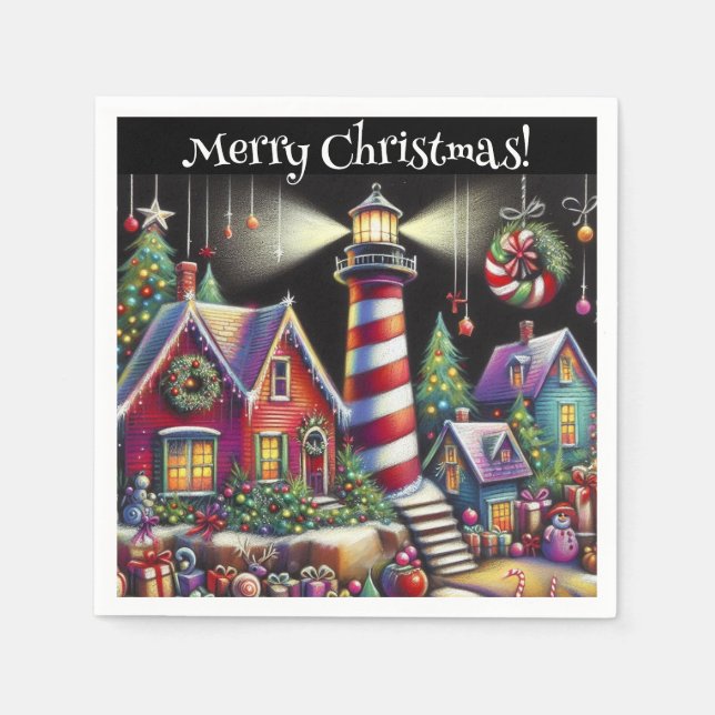Whimsical WeihnachtsLeuchtturm Personalisiert Serviette (Vorderseite)