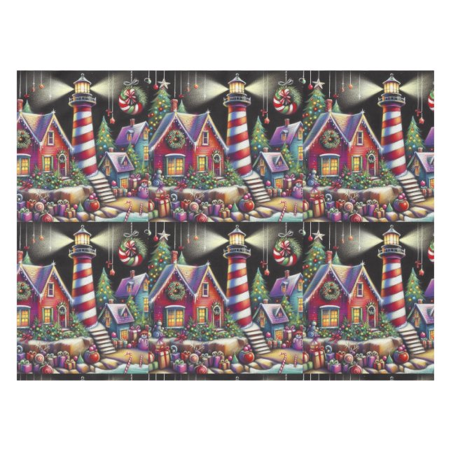 Whimsical WeihnachtsLeuchtturm Personalisiert Tischdecke (Vorderseite (Horizontal))