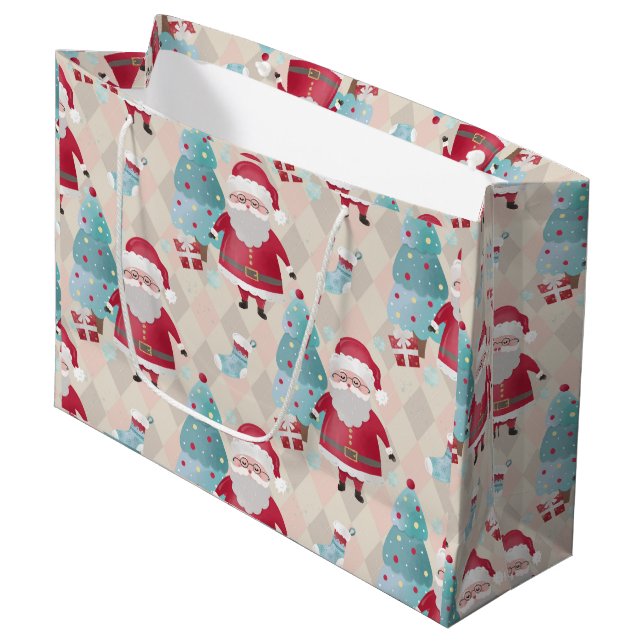 Whimsical Weihnachtsmann und Weihnachtsbaumen Große Geschenktüte (Vorderseite Schrägansicht)