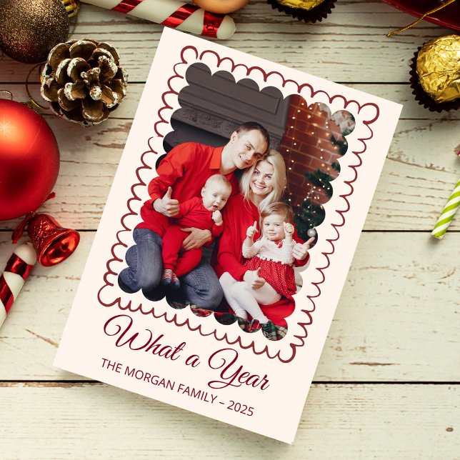 Whimsical What A Year Foto Collage Weihnachten (whimsical christmas cards hand drawn xmas trendy doodle festive  red and green photo collage pink )