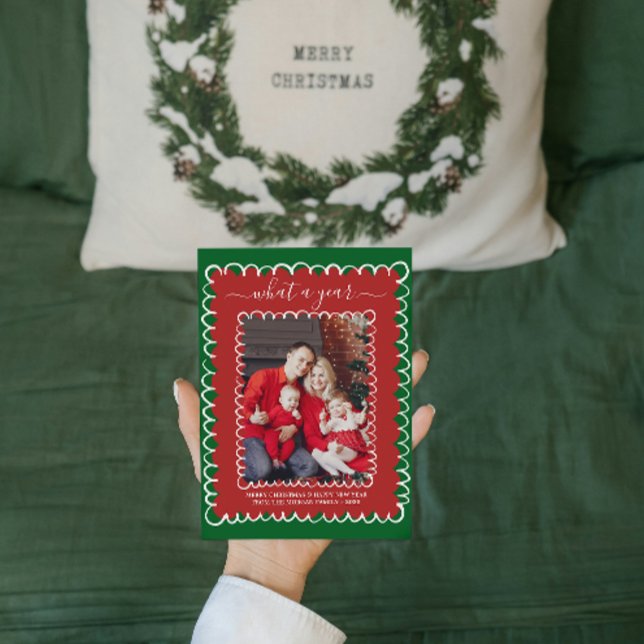 Whimsical What a Year Foto Collage Weihnachten Karte (whimsical christmas cards hand drawn xmas trendy doodle festive  red and green photo collage simple )