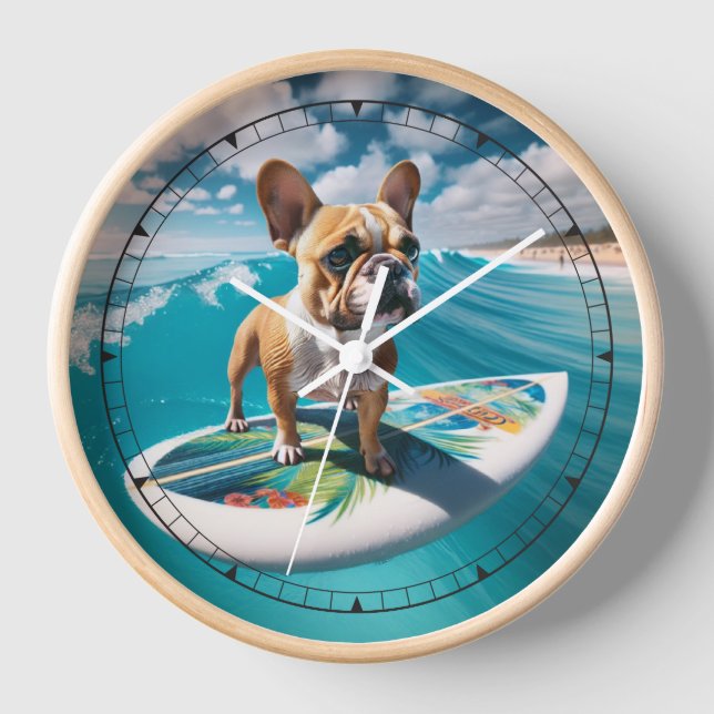 Whimsical White and Tan Surfing French Bulldog Uhr (Vorderseite)