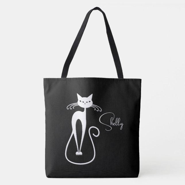 Whimsical White Cat Personal Black Tasche (Vorderseite)