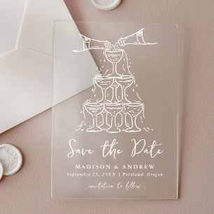 Whimsical White Champagne-Turm Save-the-Date-Karte Acryleinladungen