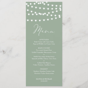 Whimsical White Fairy Lights Sage Green Wedding Menükarte
