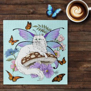 Whimsical White Feenkatze Blaue Pilz Fantasie