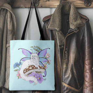 Whimsical White Feenkatze Blaue Pilz Fantasy Tasche