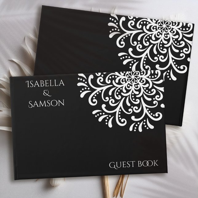 Whimsical White on Black Blüh Wedding Gästebuch (Von Creator hochgeladen)