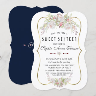 Whimsical White Pink Blume Gold Frame Sweet 16 Einladung