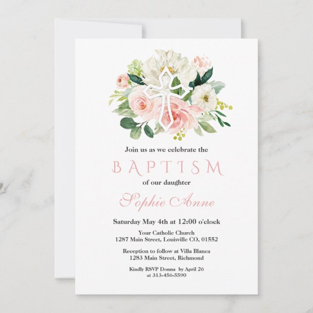 Whimsical White Pink Floral White Cross Taufe Einladung (Vorderseite)