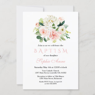 Whimsical White Pink Floral White Cross Taufe Einladung