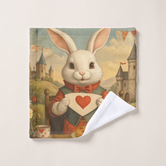 Whimsical White Rabbit Hearts Enchanted Wonderland Badhandtuch Set (Waschlappen)