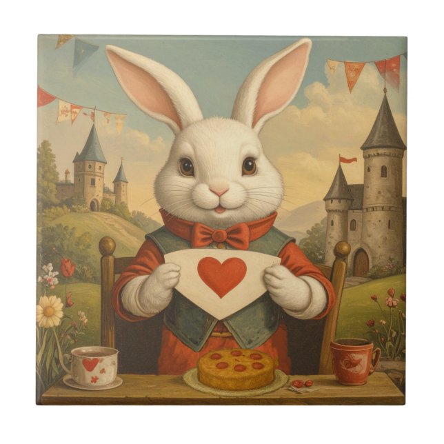 Whimsical White Rabbit Hearts Enchanted Wonderland Fliese (Vorderseite)