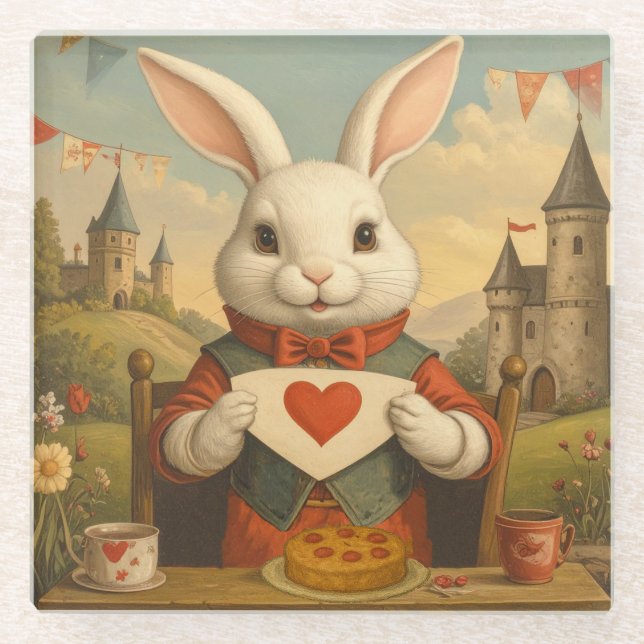 Whimsical White Rabbit Hearts Enchanted Wonderland Glasuntersetzer (Vorderseite)
