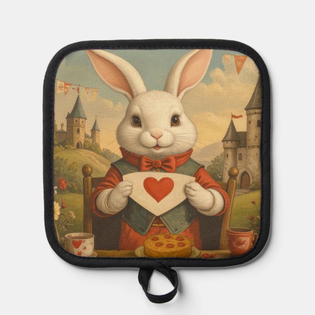 Whimsical White Rabbit Hearts Enchanted Wonderland Topflappen (Vorderseite)